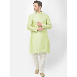 SG LEMAN Men Green & Ethnic Motifs Woven Design Regular Raw Kurta with Pyjamas-image-5