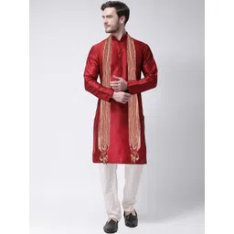 SG LEMAN Men Maroon Embroidered Raw Silk Kurta with Pyjamas-picture-38