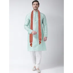 SG LEMAN Men Sea Green Raw Silk Kurta with Churidar & With Dupatta-image-9