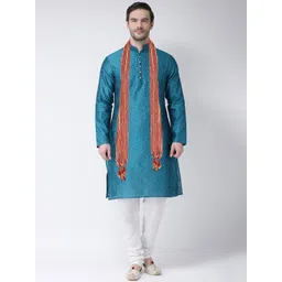 SG LEMAN Men Teal Embroidered Raw Silk Kurta with Churidar & With Dupatta-image-30