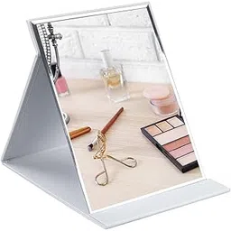 SG-Mart Portable Rectangular Folding Makeup HD Mirror with PU Leather Back for Desktop Adjustable Stand for Travel, Vanity Table, Camping, Beauty Gifts Easy to Carry (White)-picture-36
