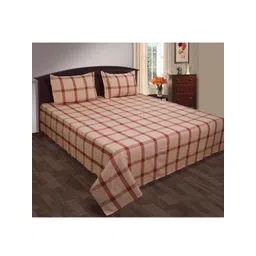 SHADES of LIFE Beige & Red Checked Double Queen Pure Cotton Handloom Bedcover With 2 Pillow Cover-picture-24