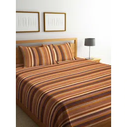 SHADES of LIFE Brown & White Striped 250 TC King Bedsheet with 2 Pillow Covers-picture-18
