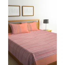 SHADES of LIFE Peach-Coloured & White Striped 250 TC King Bedsheet with 2 Pillow Covers-picture-36