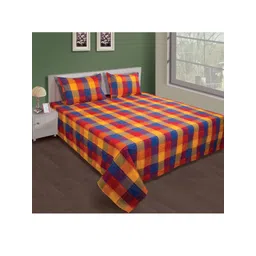 SHADES of LIFE Yellow & Red Checked Double Queen Bed Cover With Two Pillow Covers-picture-33