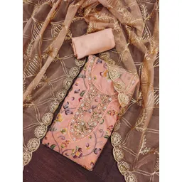 SHADOW & SAINING Embroidered Beads and Stones Organza Semi-Stitched Dress Material-image-0