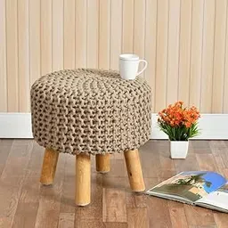 Shadowkart Jute Pouffes Sitting Stool For Living Room Poof Puffy Wooden Ottoman Stools Cotton Poof Furniture Footrest Pouf Footstool For Office Home Decor, 42X42X43Cm, Cotton, Beige-picture-25