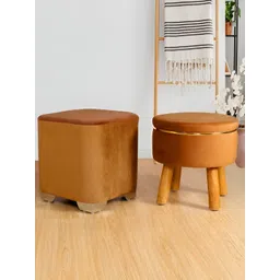 Shadowkart 2 Pcs Brown & Gold Wooden Pouffe Ottoman-picture-17