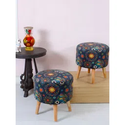 Shadowkart 2 Pieces Blue & White Printed Wooden Pouffes Ottomans-picture-19