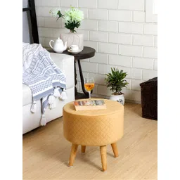 Shadowkart Beige Checked Textured Wooden Round Pouffes Ottoman-picture-10