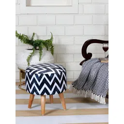 Shadowkart Black & White Printed Wooden Round Shaped Pouffe Ottomans-image-11