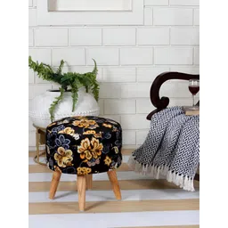 Shadowkart Black & Yellow Printed Wooden Pouffe Ottoman-image-32