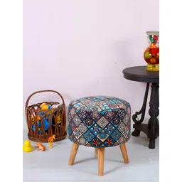 Shadowkart Blue & Brown Printed Wooden & Velvet Round Ottoman-picture-17