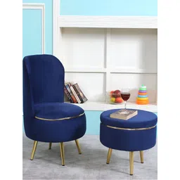Shadowkart Blue And Gold Toned 2 Pieces Wooden Cylindrical Pouffes Ottomans-image-1