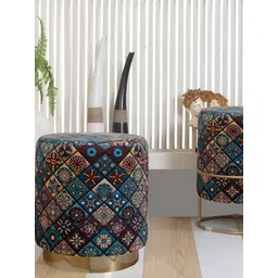 Shadowkart Blue & Maroon Ethnic Motifs Printed Wooden Cylindrical Ottomans-image-10
