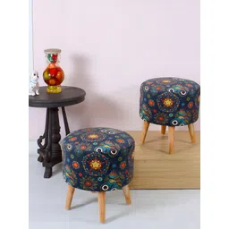 Shadowkart Blue & Orange 2 Pieces Floral Printed Wooden Pouffes Sitting Mudda Ottomans-picture-36