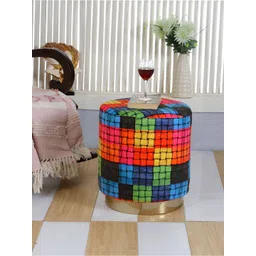 Shadowkart Blue & Red Checked Wooden & Velvet Round Ottoman-picture-19