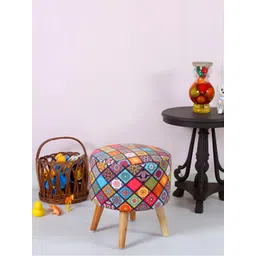 Shadowkart Blue & Red Ethnic Motifs Printed Round Wooden Pouffes Ottoman-image-22