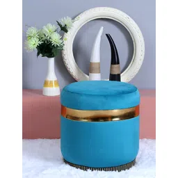 Shadowkart Blue Round Wooden & Velvet Pouffes Pedestal Ottoman-picture-29