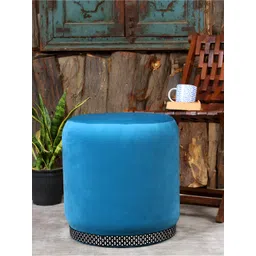 Shadowkart Blue Velvet & Wooden Round Ottoman-picture-23