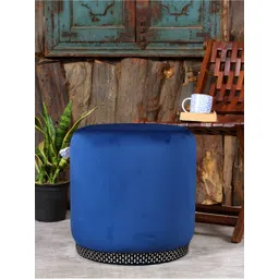 Shadowkart Blue Velvet & Wooden Round Ottoman-picture-25