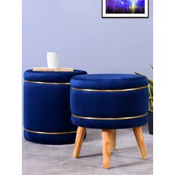 Shadowkart Blue Velvet & Wooden Round Ottoman-picture-20