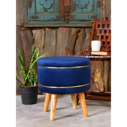 Shadowkart Blue Velvet & Wooden Round Ottoman-picture-21