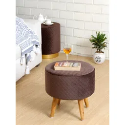 Shadowkart Brown Checked Wooden Round Pouffes Ottoman-picture-30