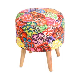 Shadowkart Floral Printed Wooden & Velvet Ottoman Pouffe Stool image 2