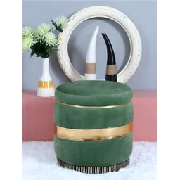 Shadowkart Green Round Wooden & Velvet Pouffes Pedestal Ottoman-picture-16