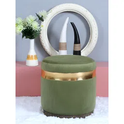 Shadowkart Green Round Wooden & Velvet Pouffes Pedestal Ottoman-picture-24