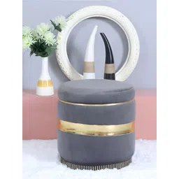 Shadowkart Grey Round Wooden & Velvet Pouffes Pedestal Ottoman-picture-18
