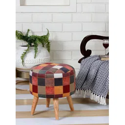 Shadowkart Maroon & Blue Printed Wooden & Velvet Round Ottoman-picture-28