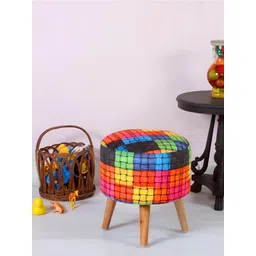 Shadowkart Orange & Blue Checked Velvet Pouffe Sitting Ottoman-picture-42
