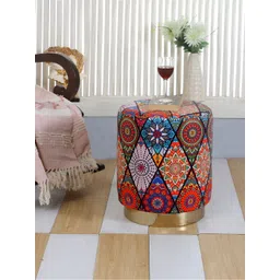 Shadowkart Orange & Blue Ethnic Motifs Printed Wooden & Velvet Pedestal Stool Ottoman-picture-35