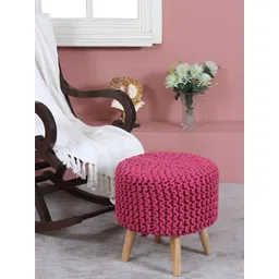 Shadowkart Pink & Brown Textured Braided Wooden Round Ottoman-picture-33