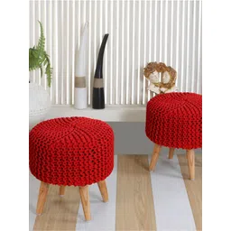 Shadowkart Red & Brown 2 Pieces Textured Braided Wooden Round Ottomans-picture-27