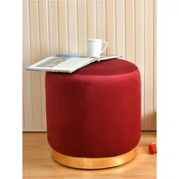 Shadowkart Red Wooden & Velvet Round Ottoman-picture-23