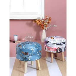 Shadowkart Set Of 2 Blue & Brown Graphic Printed Wooden Round Shaped Ottomans-picture-38