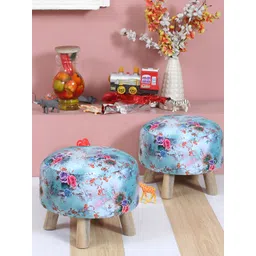 Shadowkart Set Of 2 Blue & Pink Printed Wooden Velvet Ottomans-picture-26