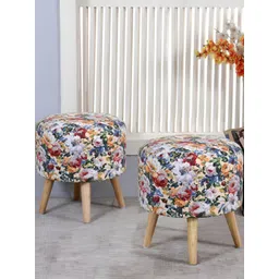 Shadowkart Set Of 2 Blue & Red Floral Printed Wooden Round Shaped Ottomans-picture-22
