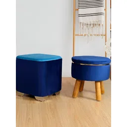Shadowkart Set Of 2 Blue Wooden Pouffes Sitting Ottomans-picture-33