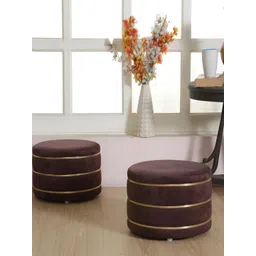 Shadowkart Set Of 2 Coffee Brown & Yellow Wooden Pouffes Sitting Ottomans-picture-38