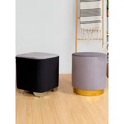 Shadowkart Set Of 2 Grey & Black Velvet Round Ottomans-picture-25