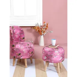 Shadowkart Set Of 2 Pink & Green Floral Printed Round Shaped Ottomans-picture-27
