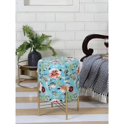 Shadowkart Turquoise Blue & Black Floral Printed Round-Shaped Velvet Sitting Ottoman-picture-25