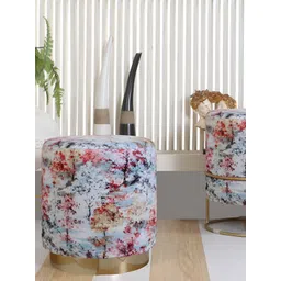 Shadowkart White & Blue Floral Printed Wooden Cylindrical Ottoman-picture-13