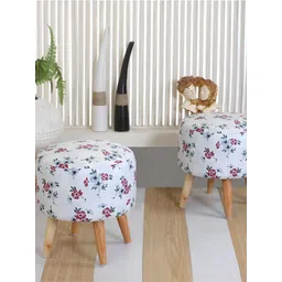 Shadowkart White & Brown Floral Printed Wooden & Velvet Round Ottoman-picture-11