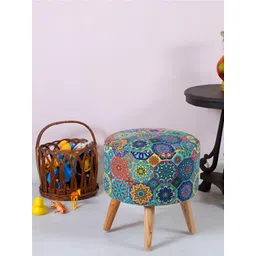 Shadowkart Yellow & Blue Ethnic Motifs Printed Round Velvet Tufted Ottomans-picture-18