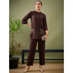 Shae by SASSAFRAS Brown Embroidered Shirt With Palazzos Co-Ords-picture-27